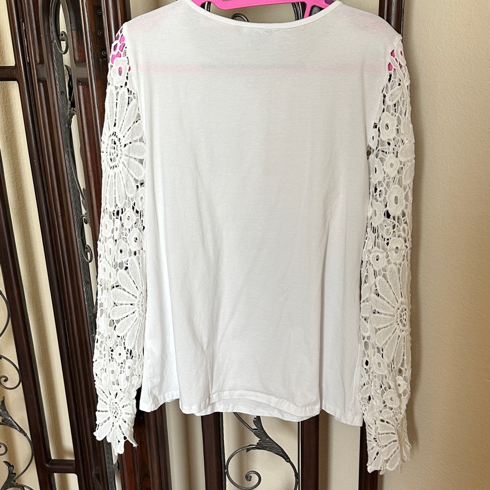 Women's White Crochet-Sleeve Henley Long Sleeve Top - Picture 2 of 2